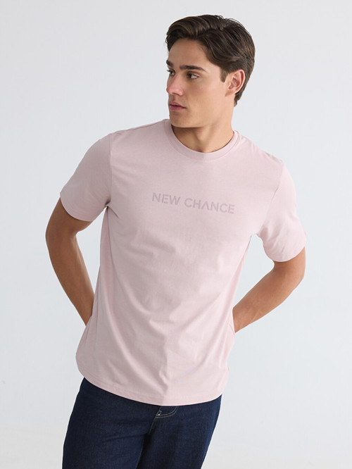 LCWAIKIKI Classic Pembe Bisiklet Yaka Baskılı Erkek Penye Tişört