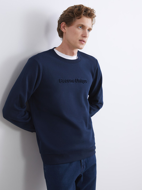 LCWAIKIKI Classic Lacivert Bisiklet Yaka Baskılı Erkek Sweatshirt