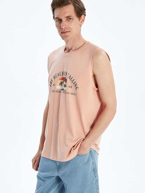 LCWAIKIKI Classic Pembe Bisiklet Yaka Baskılı Erkek Kolsuz Tişört
