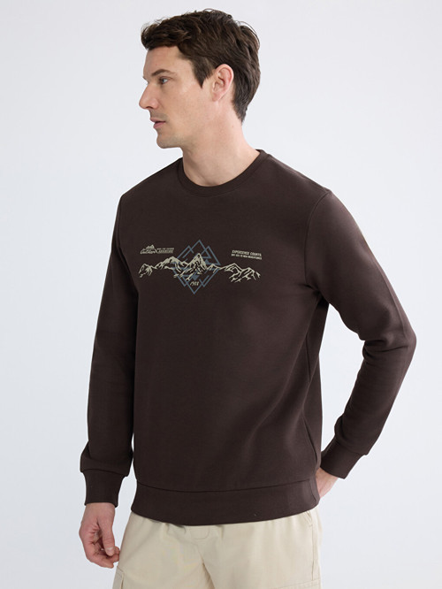LCWAIKIKI Classic Kahverengi Bisiklet Yaka Baskılı Erkek Sweatshirt