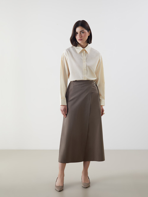 LCW Modest Haki Beli Fermuarlı Gabardin Etek
