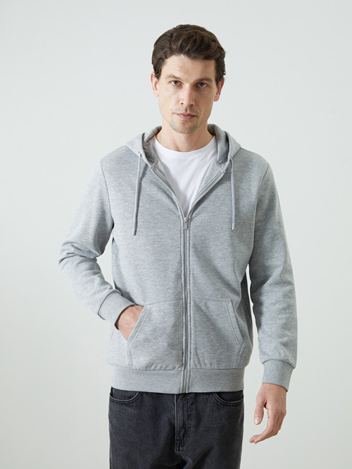 LCWAIKIKI Basic Gri Kapüşonlu Uzun Kollu Erkek Fermuarlı Sweatshirt