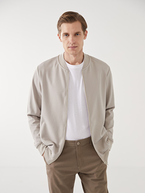 LCWAIKIKI Basic Bej Kolej Yaka Uzun Kollu Erkek Fermuarlı Sweatshirt