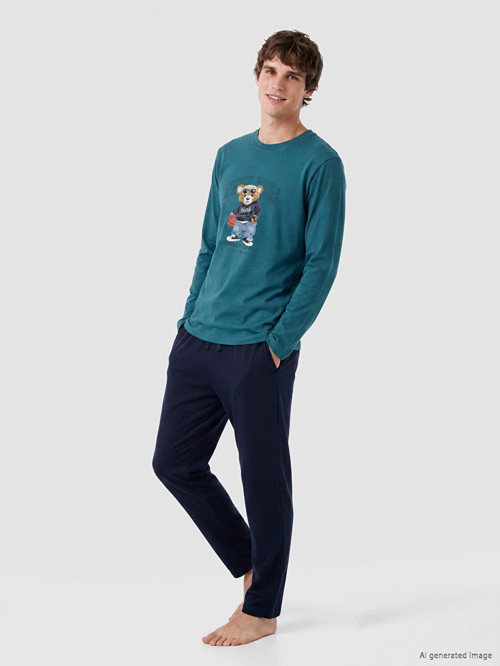 LC WAIKIKI Petrol Regular Fit Teddy Baskılı Erkek Pijama Takımı