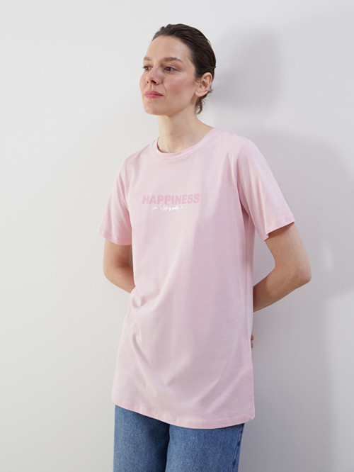 LCW Comfort Pembe Baskılı %100 Pamuklu Kadın Tişört