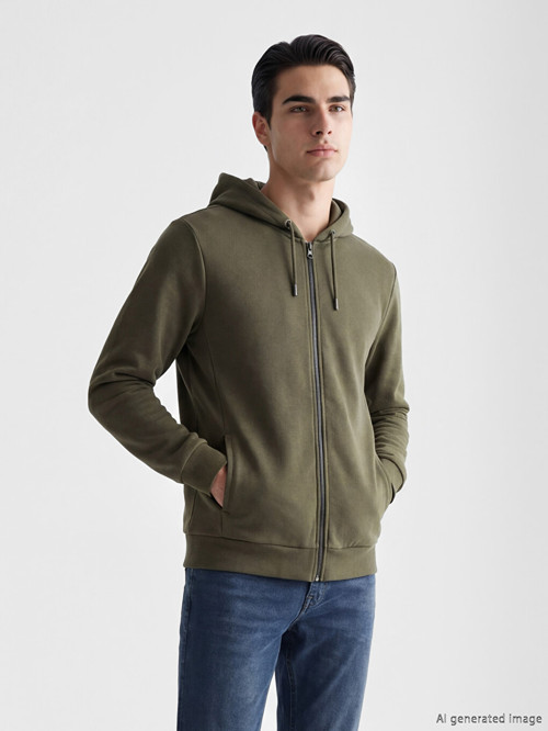 LCWAIKIKI Basic Haki Erkek Fermuarlı Sweatshirt