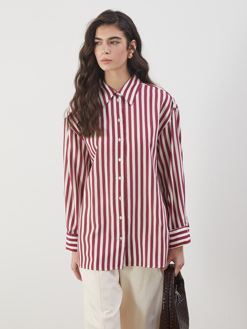 LCW Modest Bordo Çizgili Kadın Gömlek Tunik