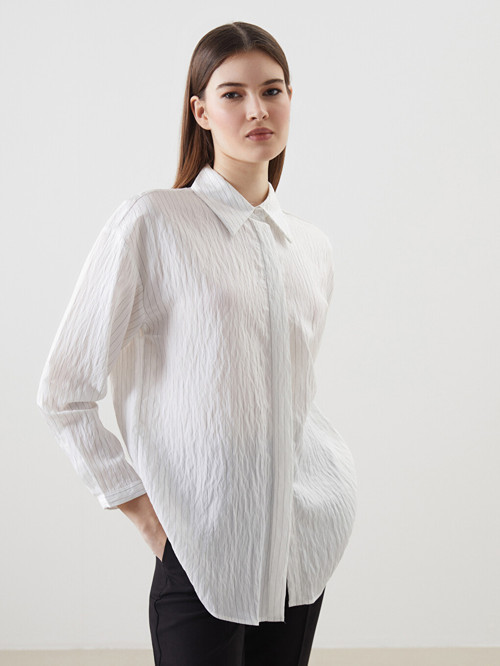 LCW Modest Ekru Çizgili Oversize Kadın Gömlek Tunik