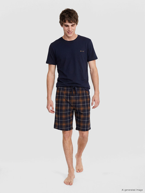 LC WAIKIKI Lacivert Standart Kalıp Ekose Erkek Şortlu Pijama Takımı