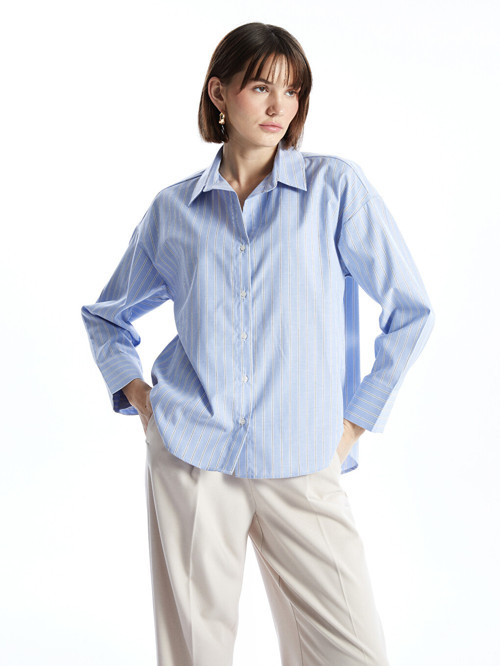 LCW Vision Mavi Çizgili Oversize Poplin Kadın Gömlek