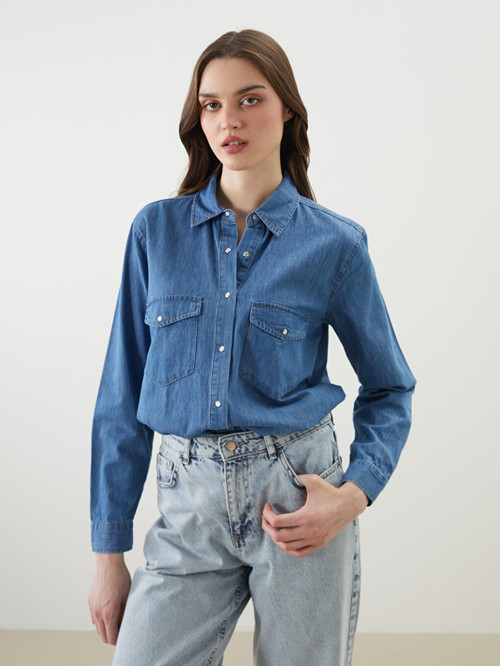 LCW Vision İndigo Loose Fit Kadın Jean Gömlek