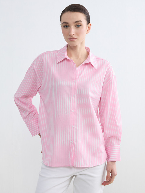 LCW Modest Pembe Çizgili Poplin Kadın Gömlek