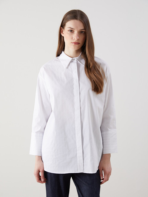LCW Modest Gri Çizgili Poplin Kadın Gömlek Tunik