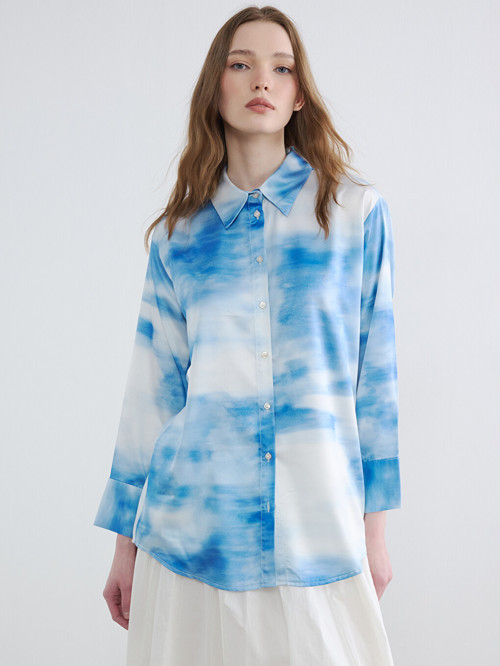 LCW Modest Mavi Batik Saten Kadın Gömlek Tunik