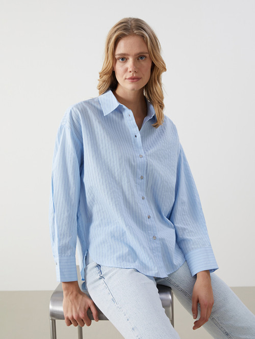 LCW Vision Mavi Çizgili Oversize Kadın Gömlek