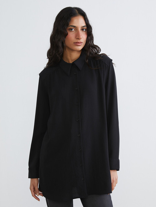 LCW Modest Siyah Büzgülü Oversize Kadın Gömlek Tunik