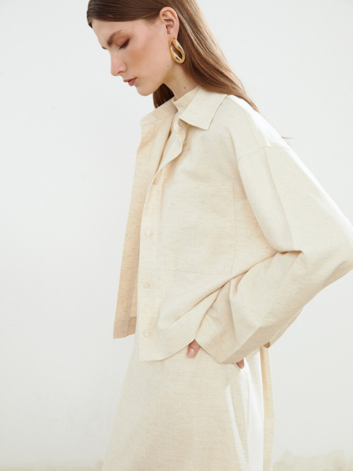 LCW Modest Ekru Oversize Keten Karışımlı Kadın Gömlek