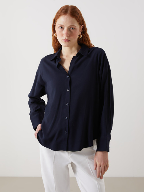 LCW Vision Lacivert Oversize Kadın Gömlek