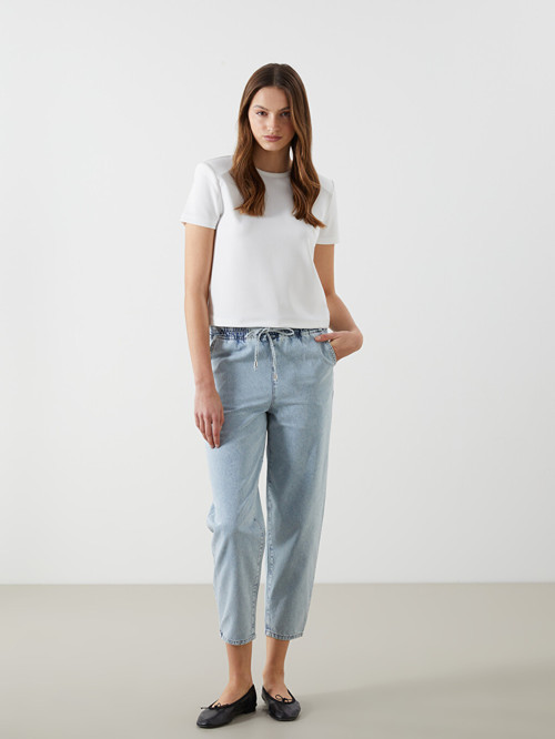LCW Jeans İndigo Beli Lastikli Mom Fit Kadın Jean Pantolon