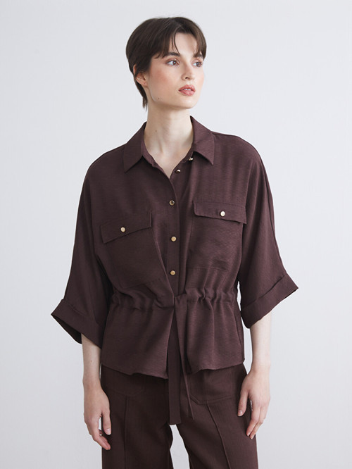 LCW Vision Kahverengi Armürlü Oversize Kadın Gömlek