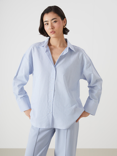 LCW Vision Lacivert Çizgili Oversize Oxford Kadın Gömlek