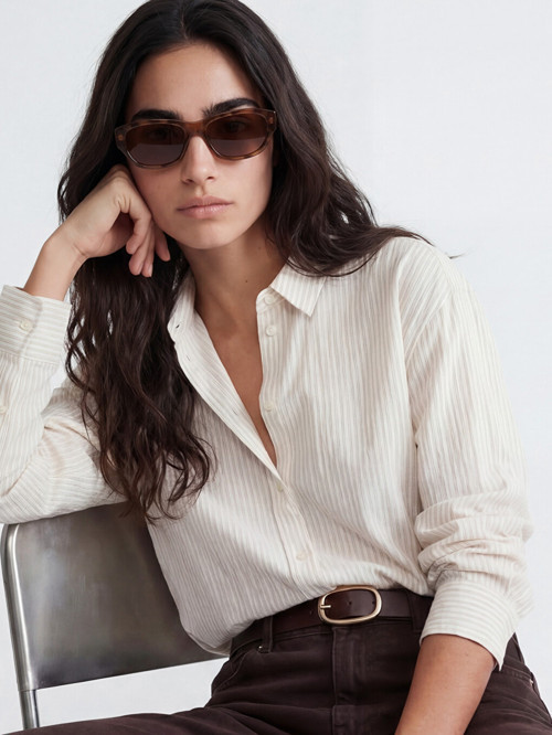 LCW Vision Bej Çizgili Oversize Kadın Gömlek