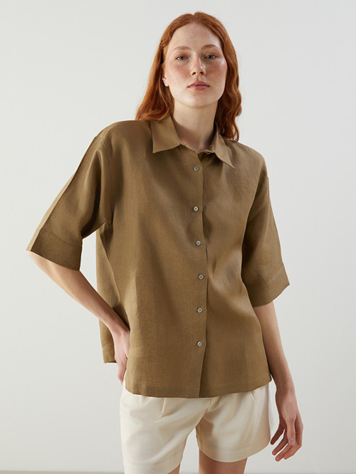 LCW Vision Haki Oversize %100 Keten Kadın Gömlek
