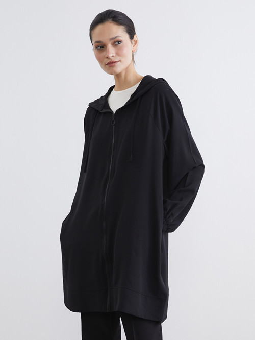 LCW Modest Siyah Kapüşonlu Oversize Kadın Tunik