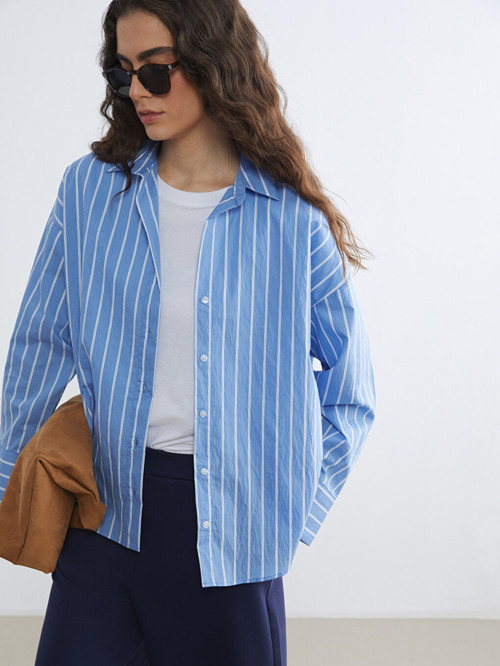 LCW Vision Mavi Çizgili Oversize Kadın Gömlek