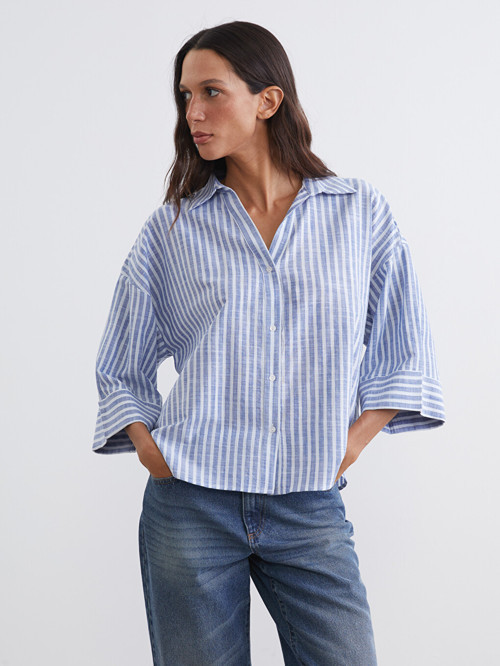LCW Vision Mavi Çizgili Oversize Poplin Kadın Gömlek