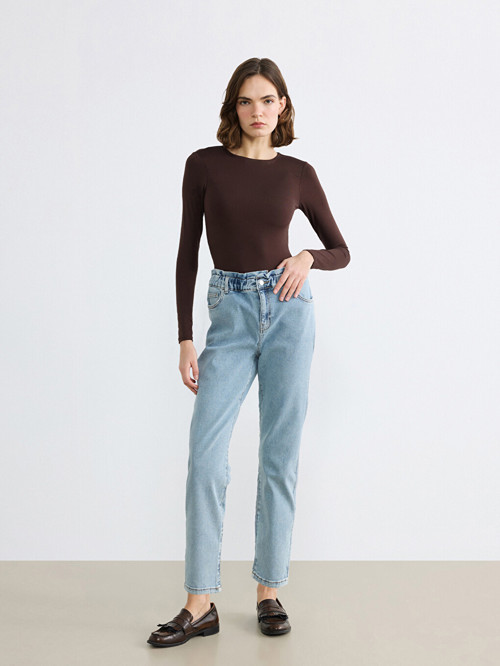LCWAIKIKI Classic İndigo Beli Lastikli Slim Mom Kadın Jean Pantolon