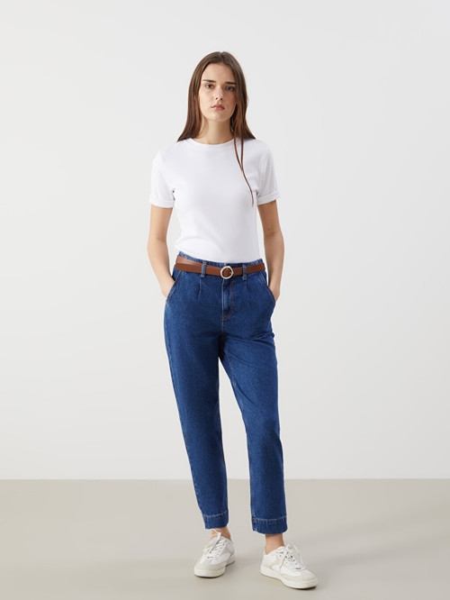 LCW Jeans İndigo Beli Kemerli Mom Fit Kadın Jean Pantolon