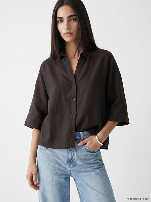 LCW Vision Kahverengi Oversize Kadın %100 Keten Gömlek