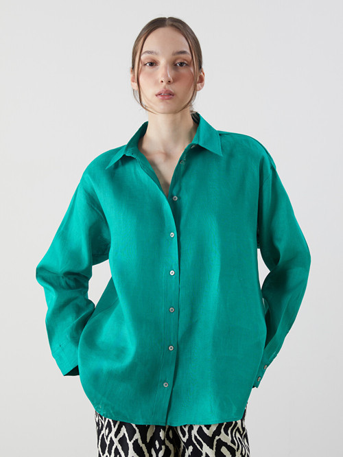 LCW Vision Yeşil Oversize %100 Keten Kadın Gömlek