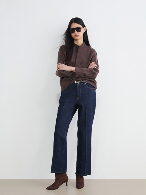 LCW Jeans İndigo Beli Kemerli Straight Fit Kadın Jean Pantolon