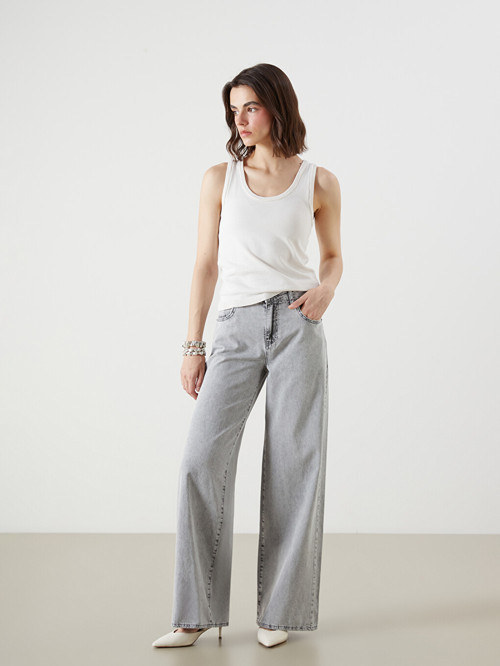 LCW Jeans Gri Wideleg Kadın Jean Pantolon