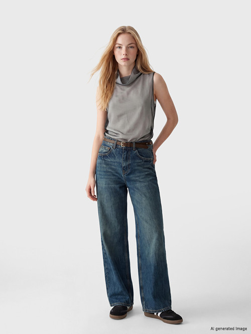 LCW Vision İndigo Beli Kemerli Wideleg Kadın Jean Pantolon