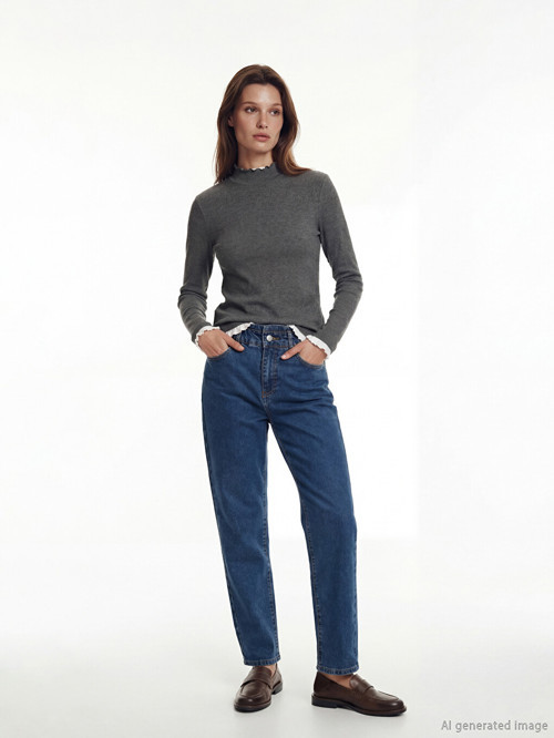 LCW Modest İndigo Beli Lastikli Mom Fit Kadın Jean Pantolon