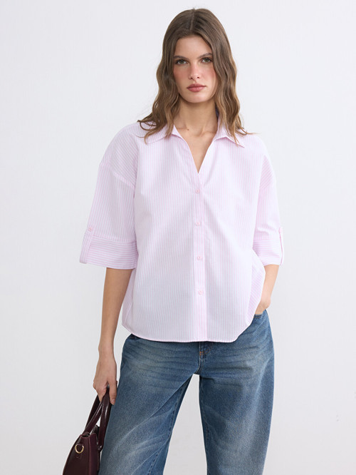 LCWAIKIKI Classic Pembe Çizgili Poplin Kadın Gömlek