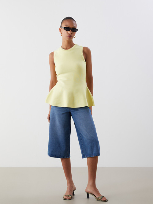 LCW Vision Sarı Bisiklet Yaka Peplum Triko Bluz