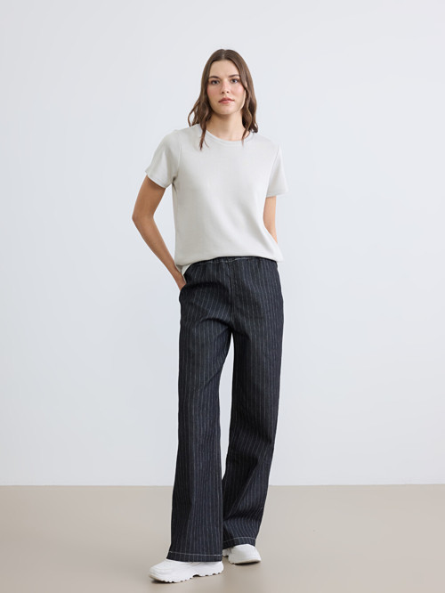 LCW ECO Siyah Beli Lastikli Çizgili Wideleg Kadın Jean Pantolon