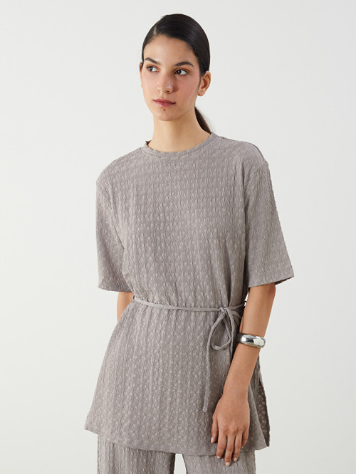 LCW Modest Gri Bisiklet Yaka Dokulu Bluz