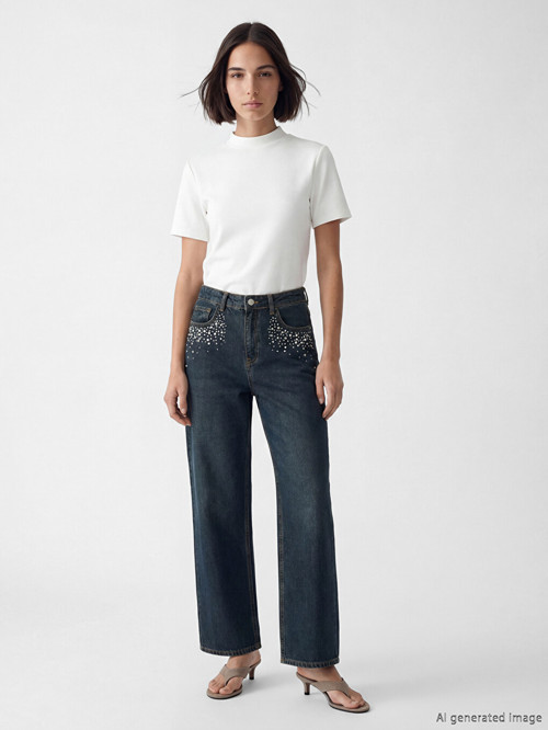 LCW Jeans İndigo Taşlı Wideleg Kadın Jean Pantolon