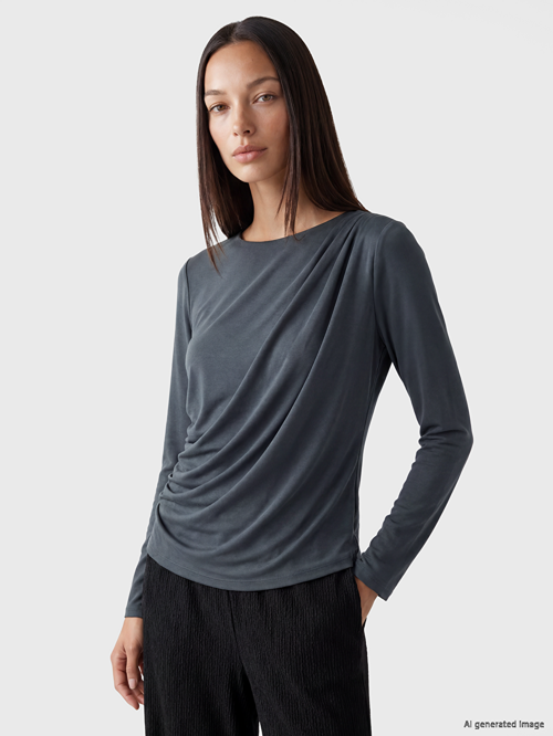 LCWAIKIKI Classic Mavi Bisiklet Yaka Büzgülü Bluz