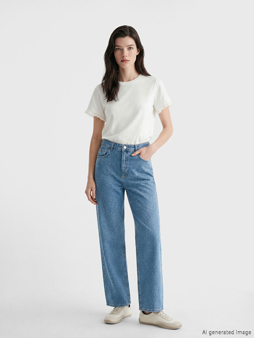 LCW Comfort İndigo Wideleg Taşlı Kadın Jean Pantolon