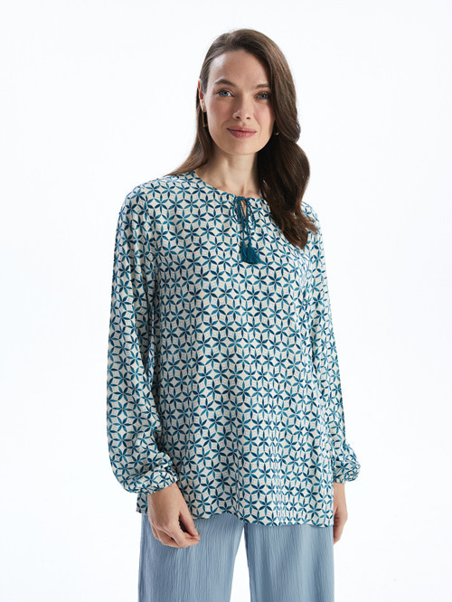 LCW Grace Petrol Bağlamalı Yaka Desenli Kadın Bluz