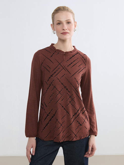 LCW Grace Kahverengi Bisiklet Yaka Desenli Bluz