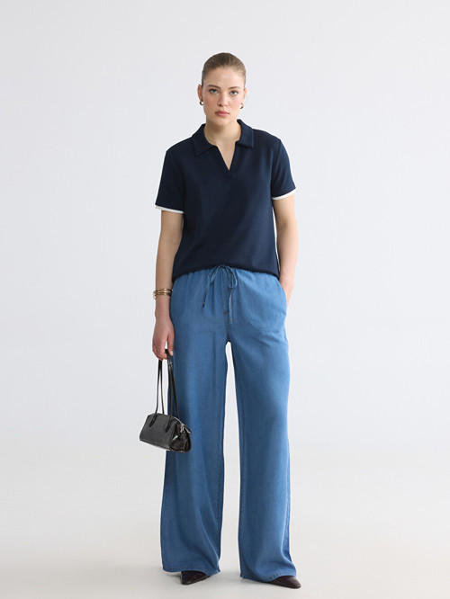 LCW Comfort İndigo Beli Lastikli Wideleg Kadın Jean Pantolon