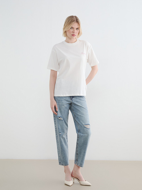 LCW Jeans İndigo Boyfriend Fit Kadın Yırtık Jean Pantolon
