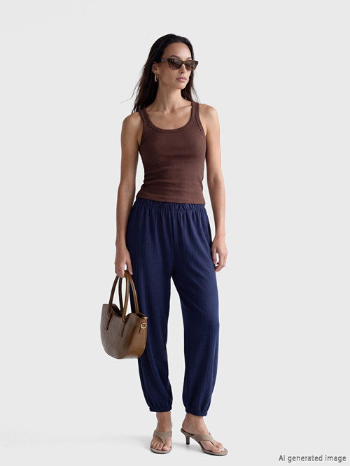 LCWAIKIKI Basic Lacivert Beli Lastikli Çizgili Kadın Jogger Pantolon